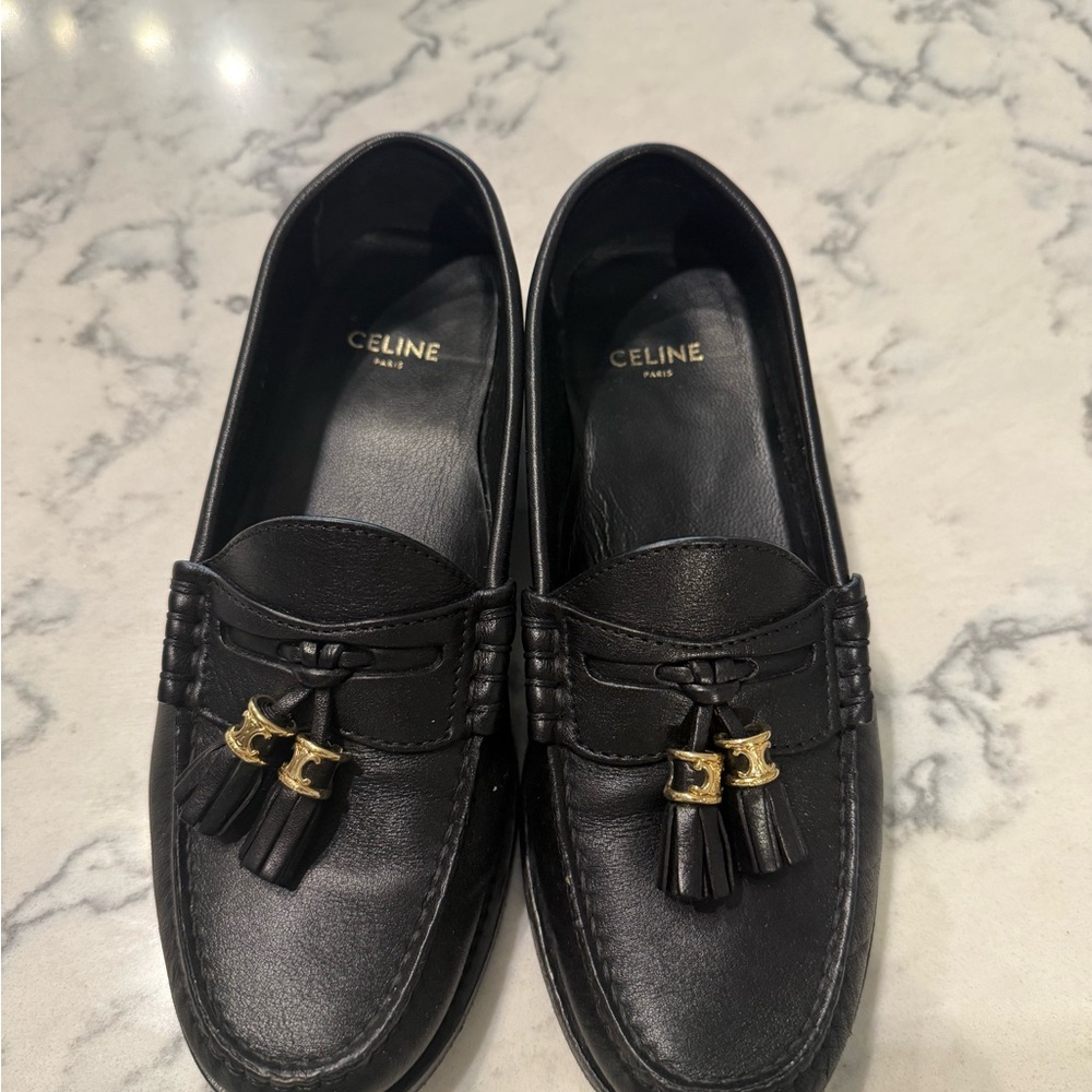 Celine Black and Gold Leather Loafers with Tassel Detail - Picture 6 of 6